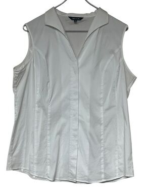 Misook white stretch cotton sleeveless collared button front top
